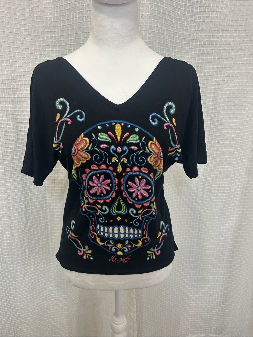 Black V-Neck Short Sleeve Top with Colorful Sugar Skull Graphic